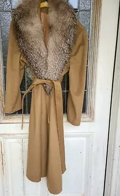 Vtg Leslie Fay Cashmere Blend Camel Color Wrap Coat FOX COLLAR S • $65