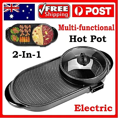 2in1 Electric Hot Pot Hotpot BBQ Grill Oven Smokeless Barbecue Pan Machine Plate • $41.99