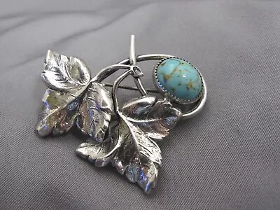 Vintage DANECRAFT Sterling LEAF PIN W/TURQUOISE Colored Cabochon • $29.99