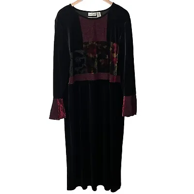 Studio Ease Woman Dress Maxi Black Burgundy Velvet Boho Mixed Media 90's VTG 2X • $25.49