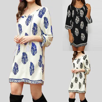 $20.68 • Buy ZANZEA Womens Bohemian Floral Sundress 3/4 Sleeve Casual Baggy Summer Mini Dress