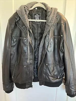 Mens Leather Jacket Black Xl With Zip Out Attached Grey Hoodie • $69
