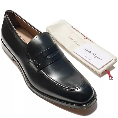 NEW Ferragamo Penny Loafers Black PITT Leather Men's Dress Slip-on Shoes Gancini • $475