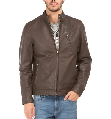 Jacket Leather Biker Motorcycle Mens Coat Vintage Bomber Lambskin Slim Brown 118 • $55