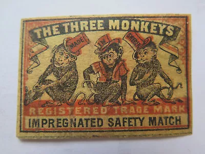 THREE MONKEYS SAFETY MATCHES MATCH BOX LABEL C1900 NORMAL SIZE MADE In SWEDEN  • $9.07