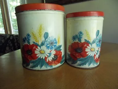 Vintage Kitchen Canisters 1950’s Floral Daisy Red Poppy Wheat Tin Metal - 1950's • $9.99