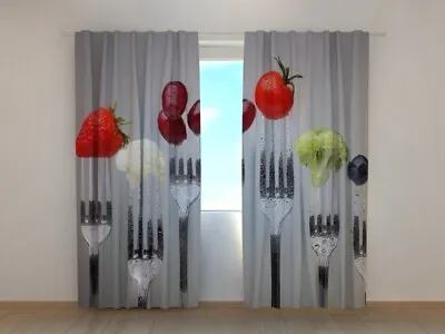 3D Curtain Printed Forks With Fruit On Gray For Kitchen Wellmira Made To Measure • £59.97