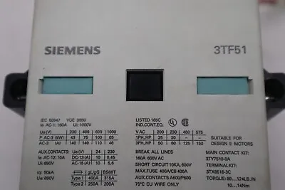 Siemens 3tf5122-0ag2 Contactor Size 6 3-pole Ac-3 75kw 400/380v Stock K-3834 • $756