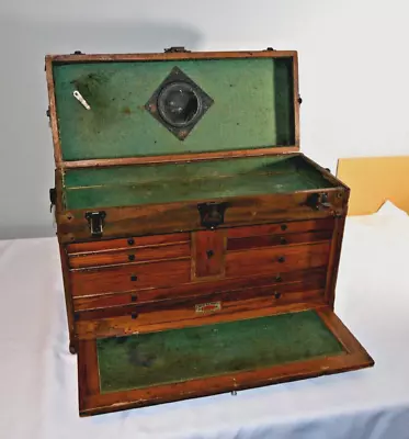 Vintage Sipco Oak Wooden Machinist Tool Box Chest W/ 9 Drawers Rare Drill Index • $465