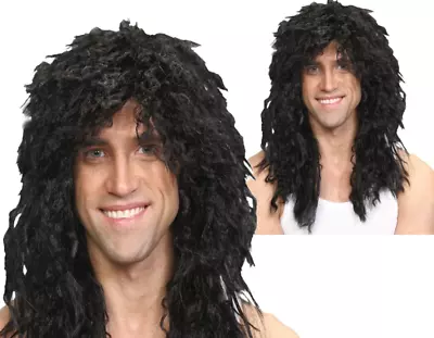 80s Rock Star Curly Black Mens Celebrity Pop Star Fancy Dress Wig • £9.99