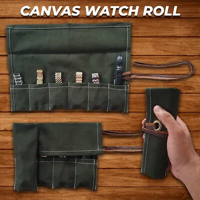 Waxed Canvas Brown Leather Watch Travel Storage Pouch Roll Case Christmas Gift • £9.99