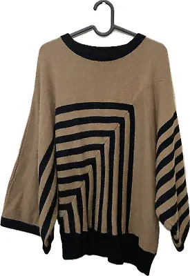 Jaeger Brown Black Wool Camel Hair Jumper Wide Sleeve Chunky Knit Size M • £40