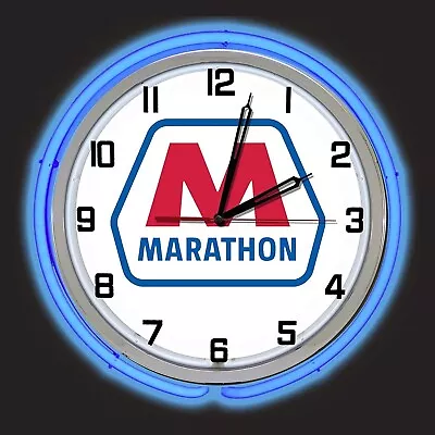 15  Marathon Mile Maker Gasoline Sign Double Blue Neon Clock • $205.14