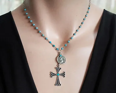 Vintage Sterling Silver Maltese Cross  Medal Necklace Turquoise Rosary Chain • $78