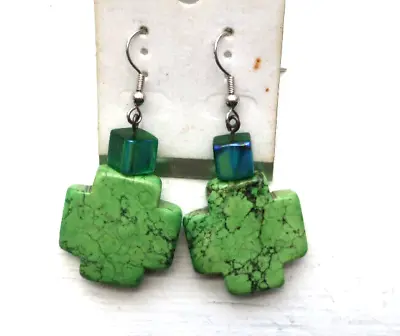 Vintage Irish Handmade Green Marbled Stone Turquoise Look Cross Dangle Earrings • $5.30