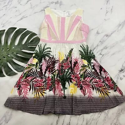 Esley Modcloth Tropical Print Dress Size L White Pink Embroidered Trim Floral • $23.99