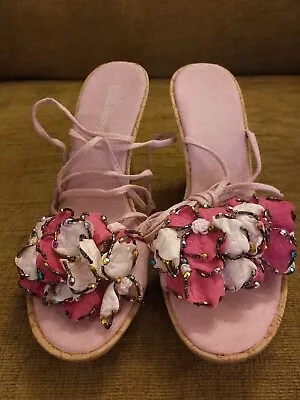 Kaleidoscope Baby Pink Tie Up Bead Flower Wedge Sandals Shoes 5 • £13