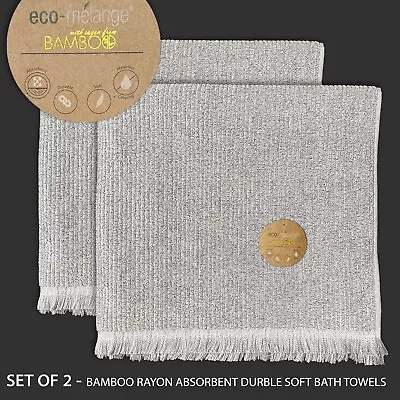 SET OF 2 New Eco-melange Bamboo Rayon Absorbent Soft Bath Towels Gray Rib Fringe • $39.99