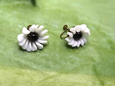 Vintage Germany Earrings White Milk Glass Flower Bead Screw Back • $9.09