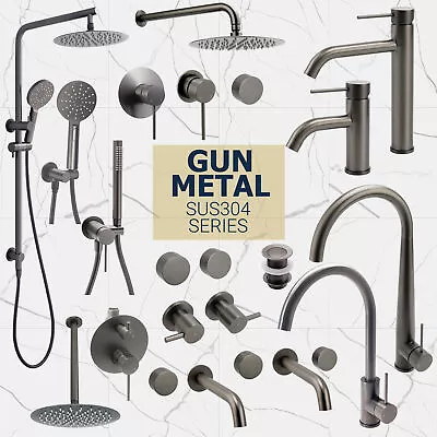 Gun Metal Round Tall Basin Mixer Kitchen Sink Tap Shower Head Rail Wall Arm Set • $108