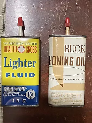2-Vintage Health Cross 15c Lighter Fluid Can & Buck Knives Honing Oil Tin Can • $20.50