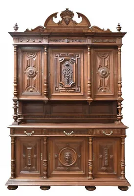 Antique Sideboard Cabinet French Henri II Style Walnut Masks Spindle 1800's! • $2815.79