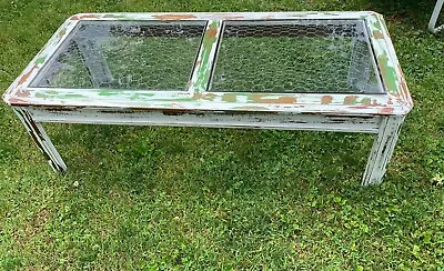 Refab Farmhouse Coffee Table White Green Chippy Glass And Chicken Wire Inlays  • $199