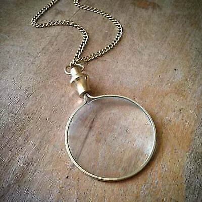 Shiny Gold Monocle Magnifying Glass Necklace - Shiny Brass/Bronze -Pendant Chain • $12.89