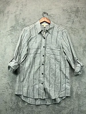 NWT Michael Kors Button Up Top Shirt Womens Medium Gray Stripe Linen Long Sleeve • $20.79