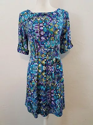 Aa Studio Womens Sz 8 Blue Geometric Short Sleeve Knit Pullover Dress  • $13.96