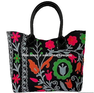Suzani Embroidery Handbag Woman Hobo Bag Indian Beach Boho Black Cotton Bag  • $60.49