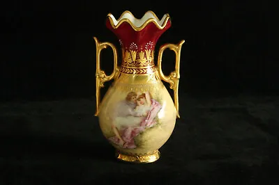 Royal Vienna Style Maroon Erotic Portrait 2 Hdl. Vase 100% Hand Painted Cherubs • $319.99