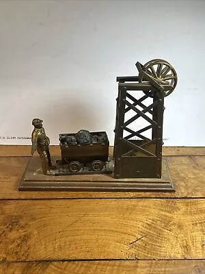 Coal Miner & Coal Wagon At Mine Pit Shaft Brass Ornament On Plinth • £25