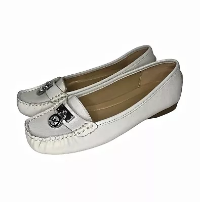 Michael Kors Hamilton Leather Loafers Silver Logo Ivory Size Women's 7M NEW • $43.48