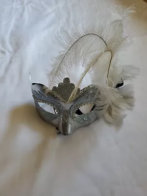 Mask From Venice Silver Feathers Ostrich White Silver Hand Painted • $15