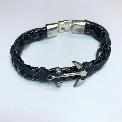 Black Leatherette Men Bracelet With Antique Silver Anchor • $9.99