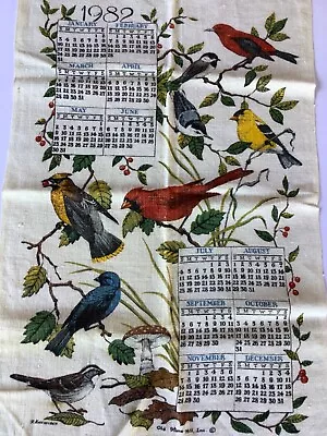 Vintage Linen Tea Towel 80s Calendar Birds Mushrooms Leaves Old Stone Mill Inc • $10