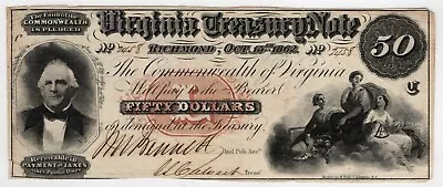 1862 $50 Virginia Treasury Note CR-7 Obsolete Currency Very Fine • $139