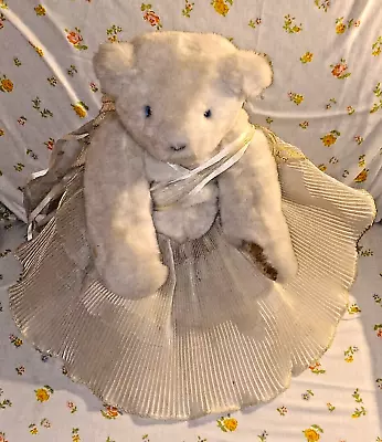 Vintage Vermont Teddy Bear Ivory Jointed Blue Eyes Angel Dressed Teddy Bear 15  • $10.99