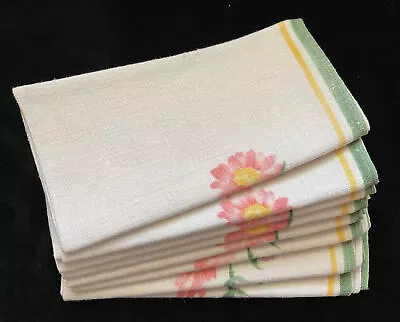 8 Vintage Off White Linen Multi Floral Print Striped Edges 14”x14” New Old Stock • $25