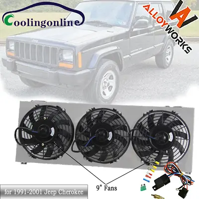 Aluminum Shroud+3 X 9  Electric Fan+Relay Fit 1991-2001 95 Jeep Cherokee XJ 4.0L • $99