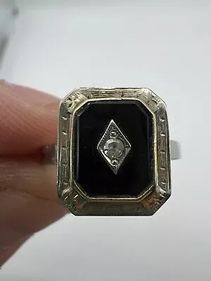 Vintage Black Onyx Diamond Inset 10K White Gold Ring Size 8 34 • $145