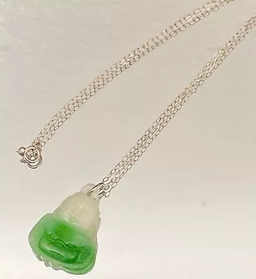 Moss In Snow Colored Carved Jade Buddha Vintage Pendant Sterling Clasp And Chain • $49