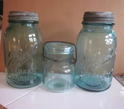 Pair Vintage Ball Mason Jars Zinc Lids & Small  Mason Jar With Wire Bail • $75