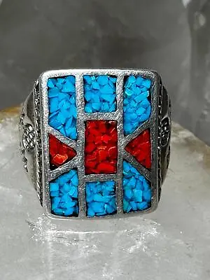 Turquoise Chips Coral Souhwest ? Band  Size 8.75 Sterling Silver Women Men • $118