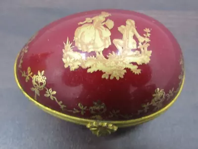 Vintage Limoges Porcelain Egg Shaped Trinket Box Red With Gold Coloured Detail • £6.49