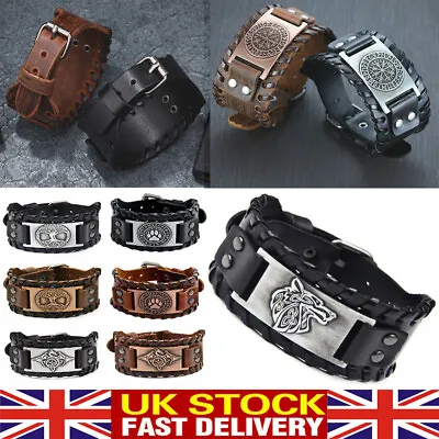 £5.99 • Buy Mens Vintage Viking Black Wide Leather Metal Rune Valknut Wolf Design Bracelet 