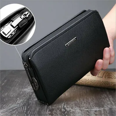 Men's PU Leather Clutch Bag Coded Lock Mobile Phone Cash Long Wallet Soft Black • $23.75