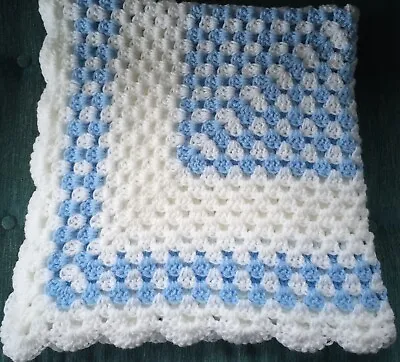 Hand Crocheted Baby's Blanket/shawl/car Seat/pram/crib White And Blue Dk Wool • £12