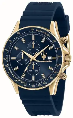 Maserati Sfida Chrono Gold Tone Case Blue Silicone Strap Watch – R8871640004 • $229.95